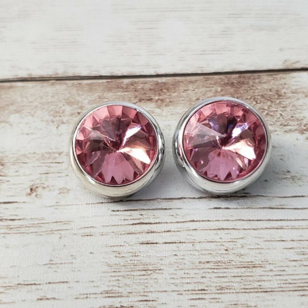Vintage Clip On Earrings - Pink Faceted Gem with Silver Tone Halo